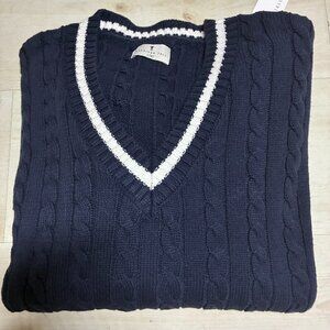 American Tall V-Neck Relaxed Navy Cable Knit Collegiate Sweater Size L/XT
